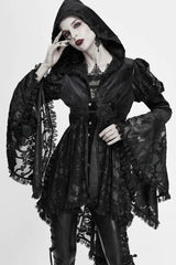 Black Knit Velvet Hooded Front Chest Decals Metal Retro Button Lace Cuff Women's Gothic Coat - Product - 6
