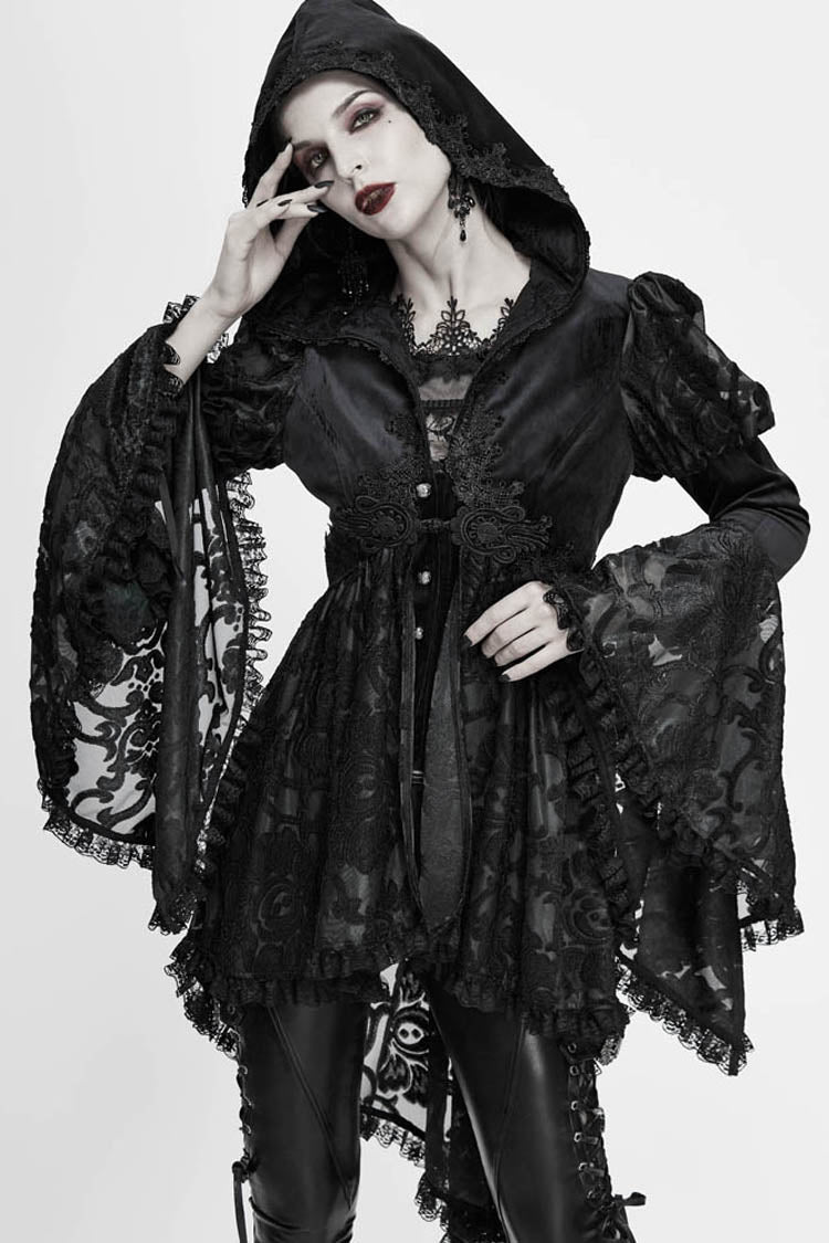 Black Knit Velvet Hooded Front Chest Decals Metal Retro Button Lace Cuff Women's Gothic Coat - Product - 6