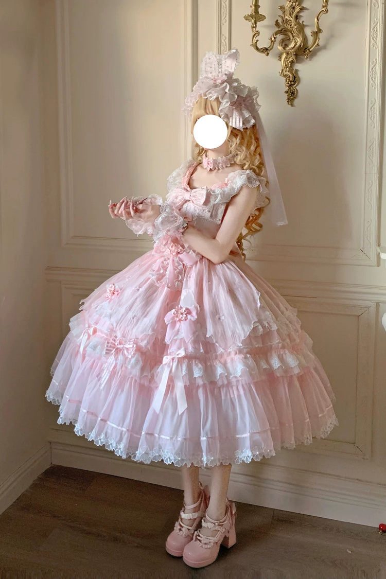 Pink [Sakura Bunny Ballad] Square Collar Flutter Sleeves Jacquard Ruffled Bow Lace Sweet Elegant Luxurious Long Lolita Jsk Dress - Product - 4