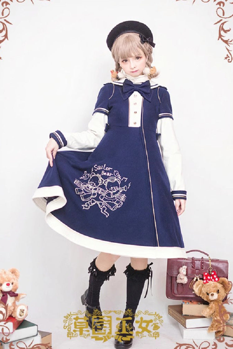 Bear Print Embroidery Long Sleeves Bowknot Sweet Lolita Woolen Coat 2 Colors - Blue - 1