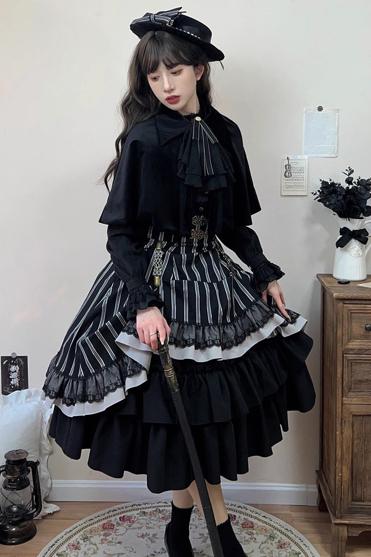 Black Point Manor Multi-layer Striped Print Ruffle Gothic Lolita Skirt - Product - 12