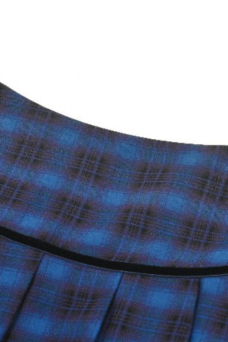Blue Women's Vintage College Style Stars Plaid Pleated Short Skirt - Product - 13
