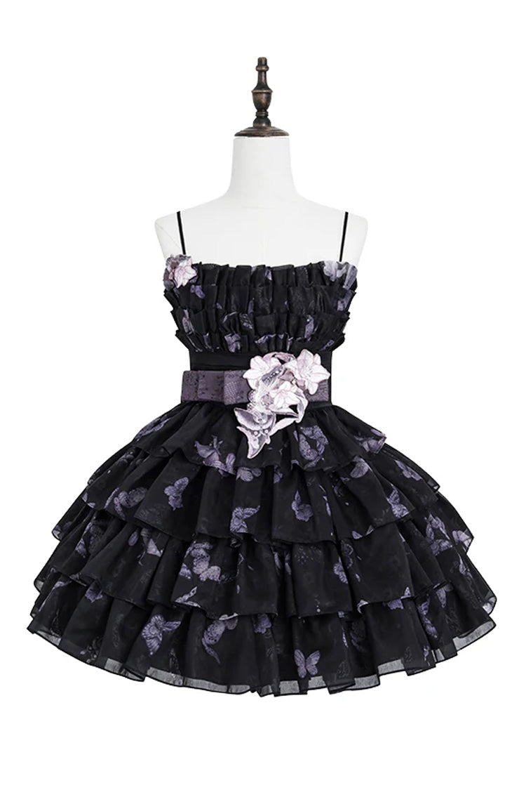 [Stained Glass Dream] Square Collar Sleeveless High Waisted Multi-Layered Printed Ruffled Bow Gothic Lolita Jsk Dress 2 Colors(Black/Purple, White/Purple) - Product - 3