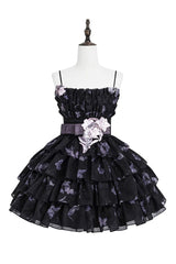[Stained Glass Dream] Square Collar Sleeveless High Waisted Multi-Layered Printed Ruffled Bow Gothic Lolita Jsk Dress 2 Colors(Black/Purple, White/Purple) - Product - 3