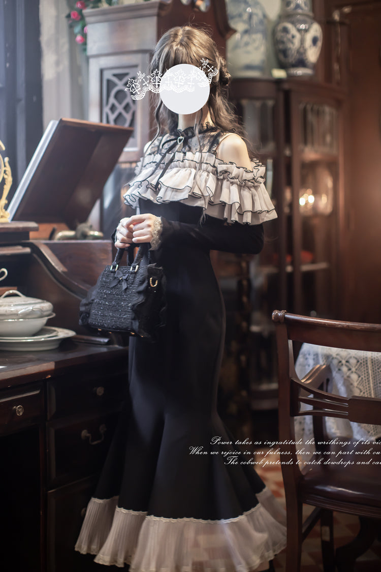Black [Night Cherry Blossoms] Long Sleeves Ruffle Bowknot Daily Sweet Elegant Lolita Fishtail Dress - Product - 8