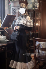 Black [Night Cherry Blossoms] Long Sleeves Ruffle Bowknot Daily Sweet Elegant Lolita Fishtail Dress - Product - 8