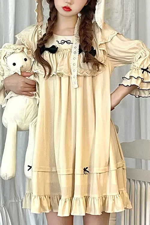 Beige Ruffled Square Collar Trumpet Sleeves Pillowside Fairy Tale Sweet Lolita Dress - Beige - 1