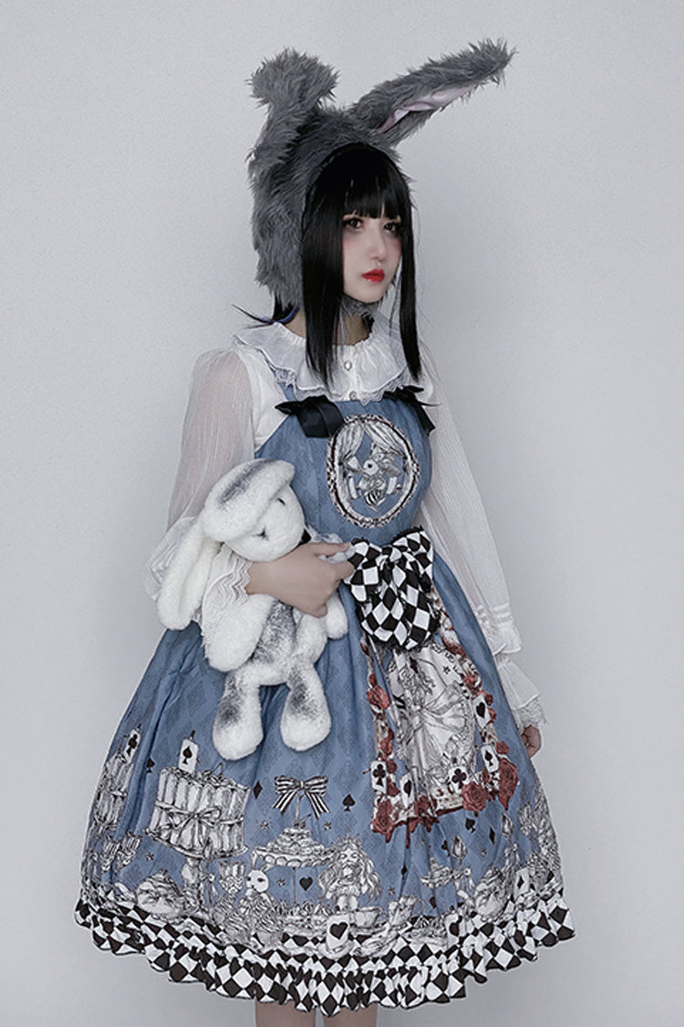 Multi-Color Blue Alice Bunny and Princess Party Print Sleeveless Bowknot Classic Gothic Lolita JSK Dress - Product - 5