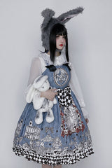 Multi-Color Blue Alice Bunny and Princess Party Print Sleeveless Bowknot Classic Gothic Lolita JSK Dress - Product - 5