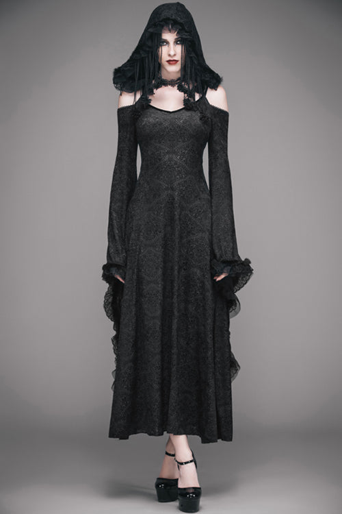 Black Gothic Big Cuffs Stretchy Floral Off The Shoulder Hooded Long Womens Dress - Product - 3