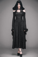 Black Gothic Big Cuffs Stretchy Floral Off The Shoulder Hooded Long Womens Dress - Product - 3