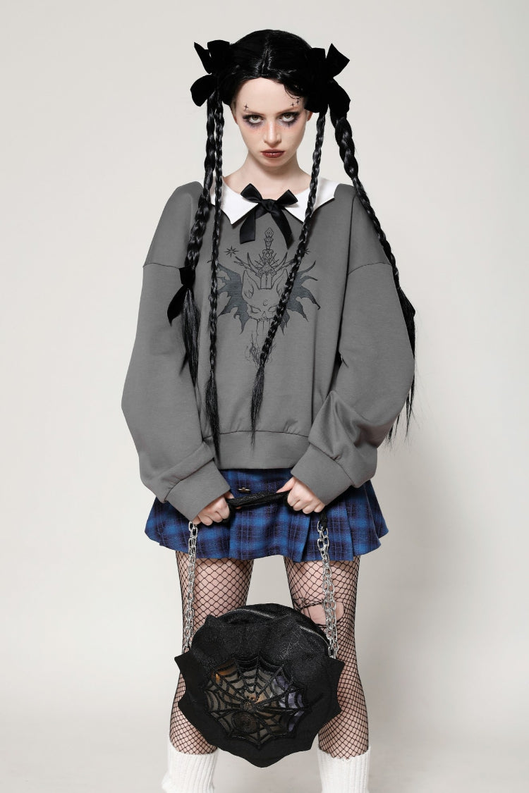 Grey Bowknot Peter Pan Collar Long Sleeves Bat Women's College Style Sweatshirt - Grey - 1