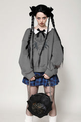 Grey Bowknot Peter Pan Collar Long Sleeves Bat Women's College Style Sweatshirt - Grey - 1