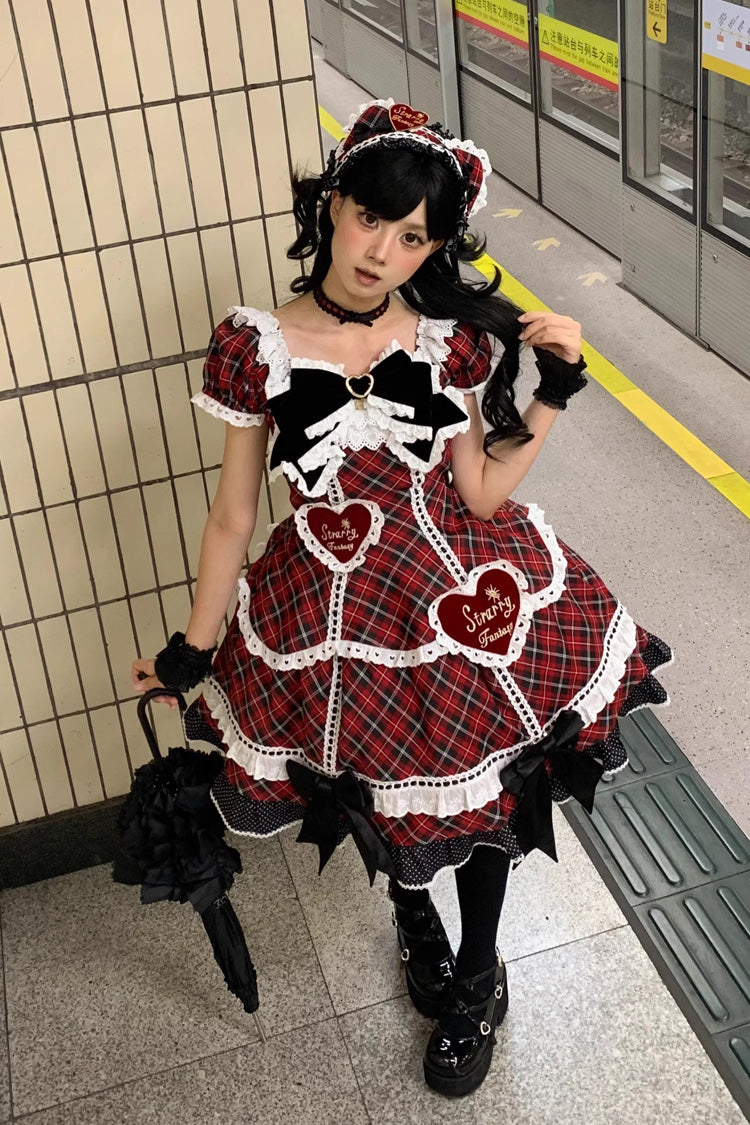 Red [Shibuya Sweetheart] Short Sleeves Plaid Print Ruffle Bowknot Sweet Lolita OP Dress (Plus Size Support) - Product - 5