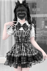 [Heart Key Treasure Box] Lapel Collar Short Sleeves Printed Ruffled Bow Lace-Up Japanese Jirai Kei Dress Shorts Set 3 Colors - Black/Plaid(Set) - 1