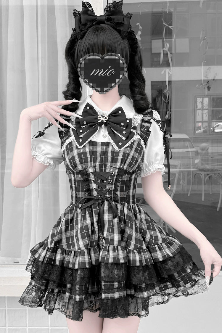 [Heart Key Treasure Box] Lapel Collar Short Sleeves Printed Ruffled Bow Lace-Up Japanese Jirai Kei Dress Shorts Set 3 Colors - Black/Plaid(Set) - 1