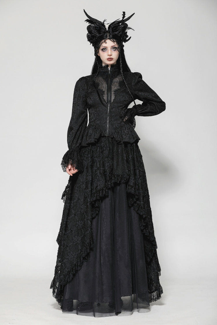 Black Stand Collar Long Trumpet Sleeves Lace Sheer Lace-Up Women's Gothic High Low Tail Coat - Product - 8