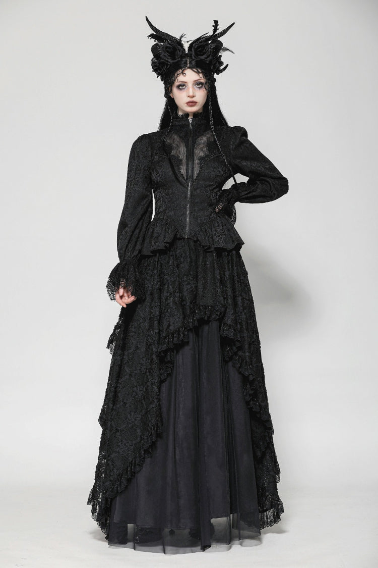 Black Stand Collar Long Trumpet Sleeves Lace Sheer Lace-Up Women's Gothic High Low Tail Coat - Product - 8
