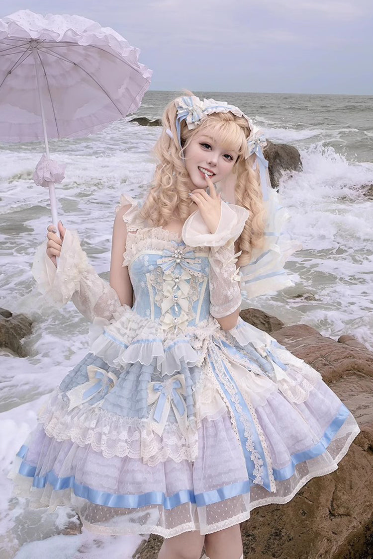 Blue [Moonstone] Sleeveless Ruffle Embroidery Bowknot Lace Fishbone Sweet Princess Lolita Dress - Product - 20