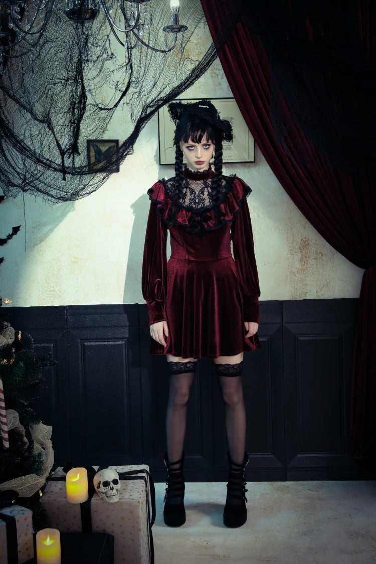 Red Long Sleeves Crochet Velvet Dress Women's Gothic Graduation Dress - Product - 15