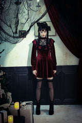 Red Long Sleeves Crochet Velvet Dress Women's Gothic Graduation Dress - Product - 15
