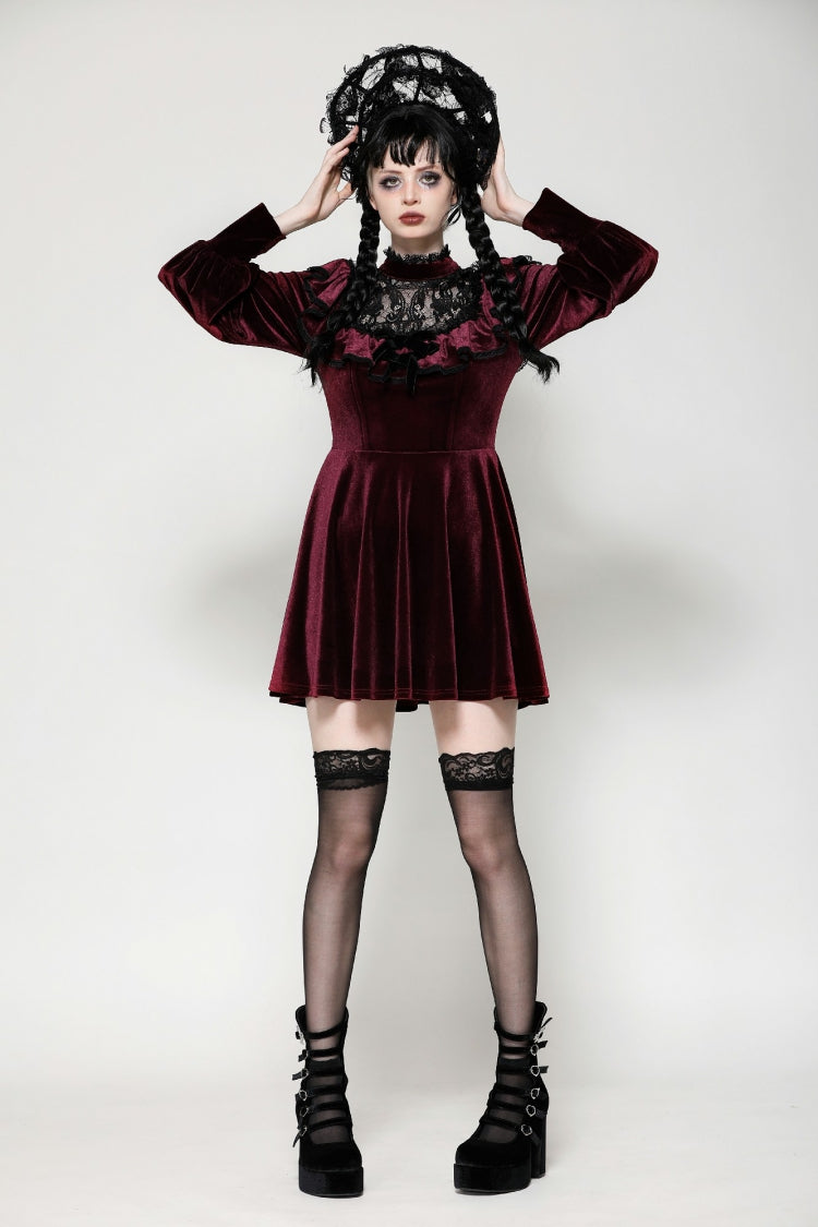 Red Long Sleeves Crochet Velvet Dress Women's Gothic Graduation Dress - Product - 8