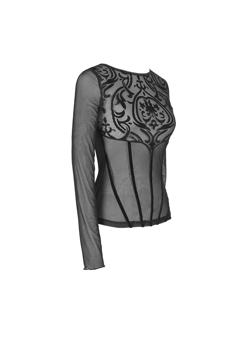 Black Flower Pattern False Girdle Mesh Long Sleeve Women's Gothic T-Shirt - Product - 5