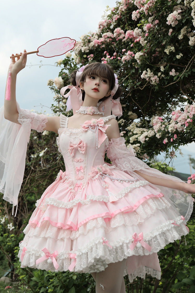 Pink [Prelude of Spring Cherry] Square Collar Sleeveless Multi-Layered Jacquard Ruffled Bow Lace Pearl-Decorated Sweet Lolita Jsk Dress - Product - 5