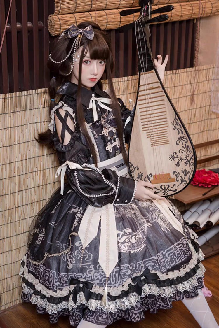 Black [Yuelong Poetry] Print Ruffle Lace Sweet Chinese Style Lolita Jsk Dress - Product - 3
