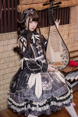 Black [Yuelong Poetry] Print Ruffle Lace Sweet Chinese Style Lolita Jsk Dress - Product - 3