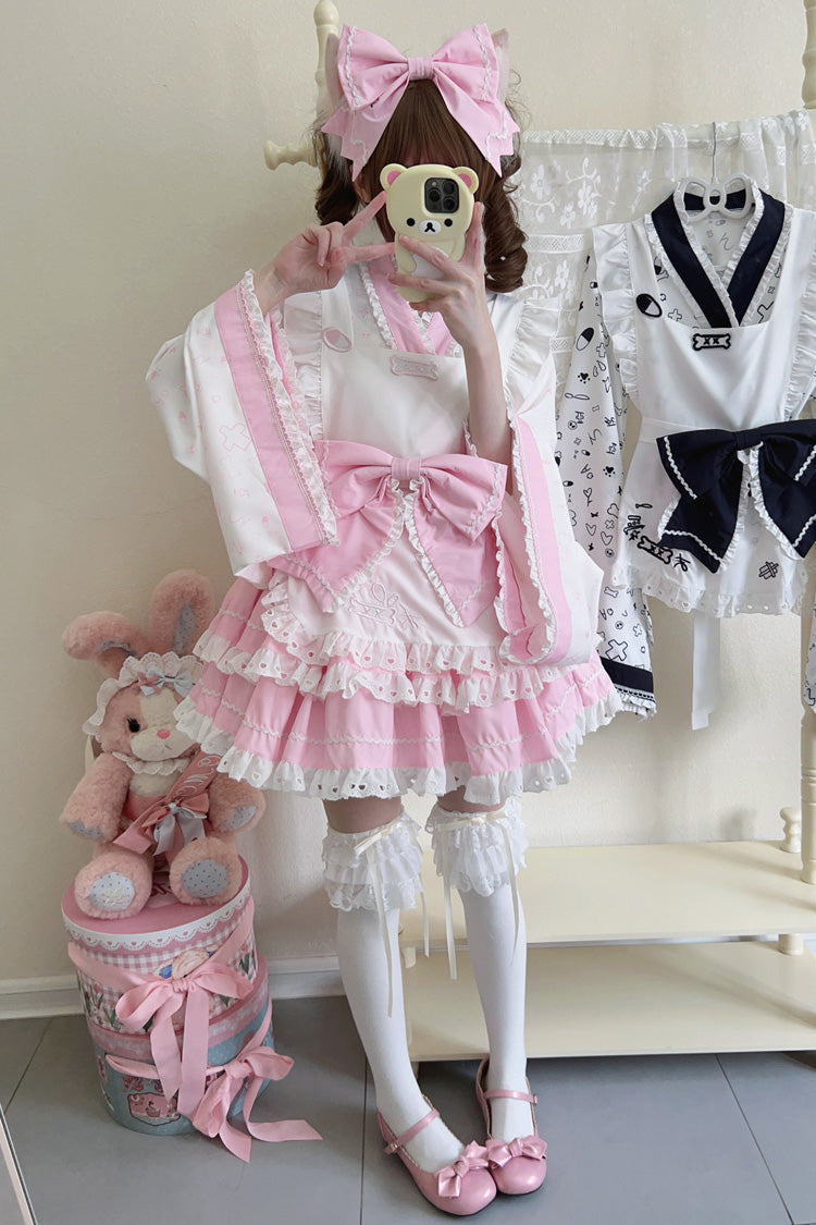 Pink/White Double-Layered Ruffle Bowknot Maid Sweet Lolita Skirt Set - Product - 5
