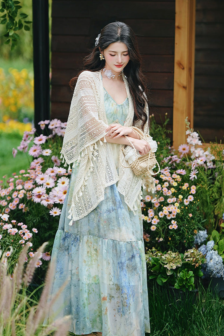 Blue/Green V Collar Sleeveless Oil Painting Printed Classic Lolita Jsk Dress - Product - 4