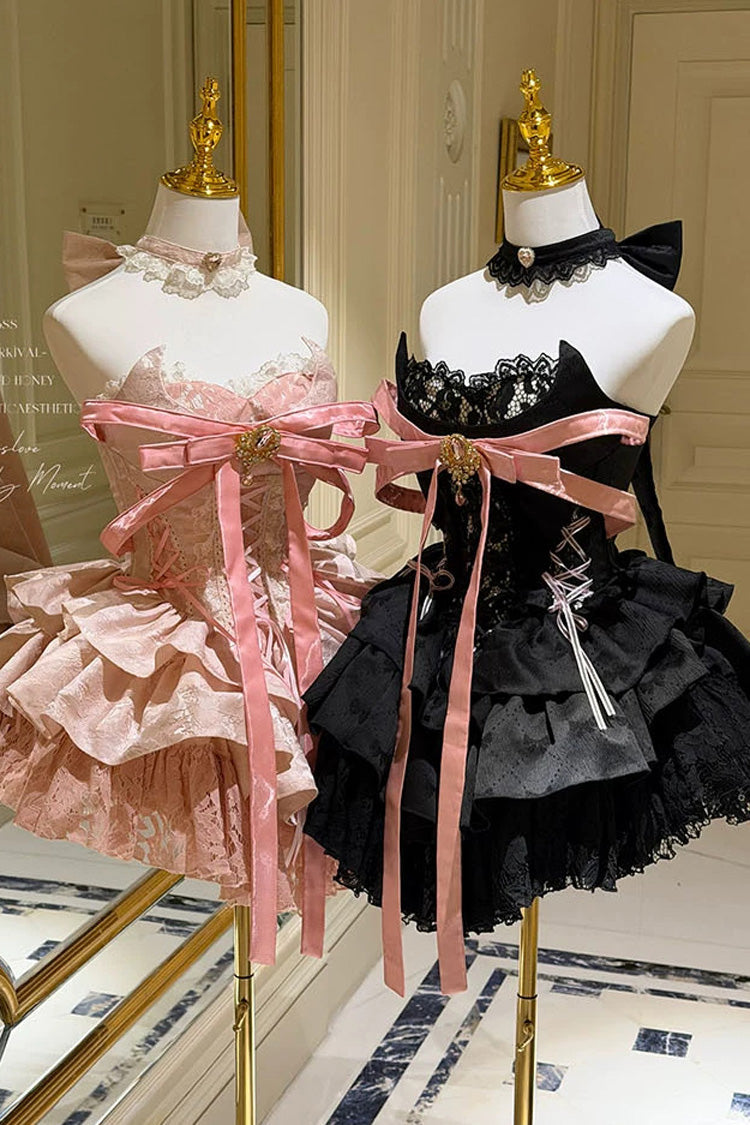 Black [Kitten Sweetheart] Multi-Layered Ruffled Bow Lace-Up Princess Ballet Gothic Lolita Jsk Dress - Product - 4