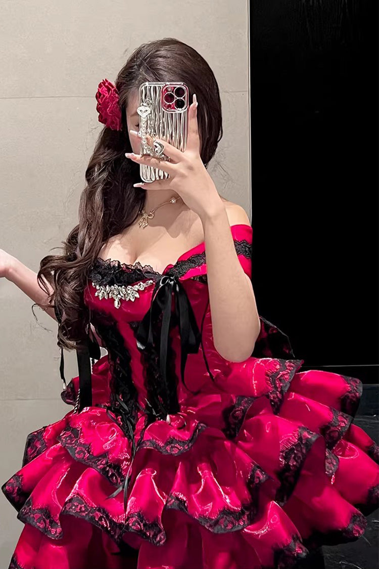 Red [Love Poems of the Heart] Sleeveless Triple-Layered Ruffled Lace Lace-Up Sweet Lolita Jsk Dress - Product - 12