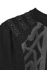 Black Round Collar Short Sleeves Studded Buckle Strap Men's Punk T-Shirt - Product - 6