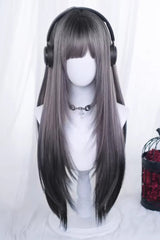 Black/Purple Ombre Long Straight Sweet Lolita Wig with Curtain Bangs - Black/Purple - 1