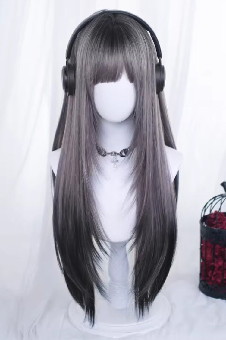 Black/Purple Ombre Long Straight Sweet Lolita Wig with Curtain Bangs - Black/Purple - 1