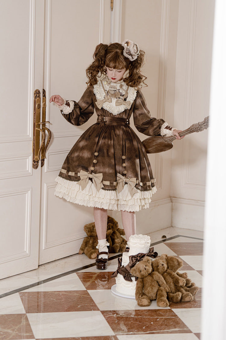 Brown [Chocolate Cat] Print Long Sleeves Ruffle Bowknot Sweet Lolita Dress - Product - 8