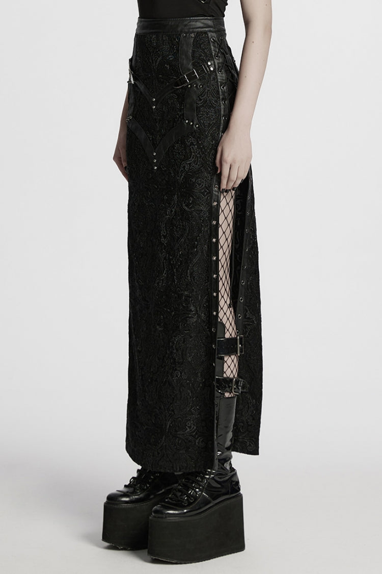 Black Studded Embossed Embroidery Lace-Up Women's Gothic Skirt - Product - 2