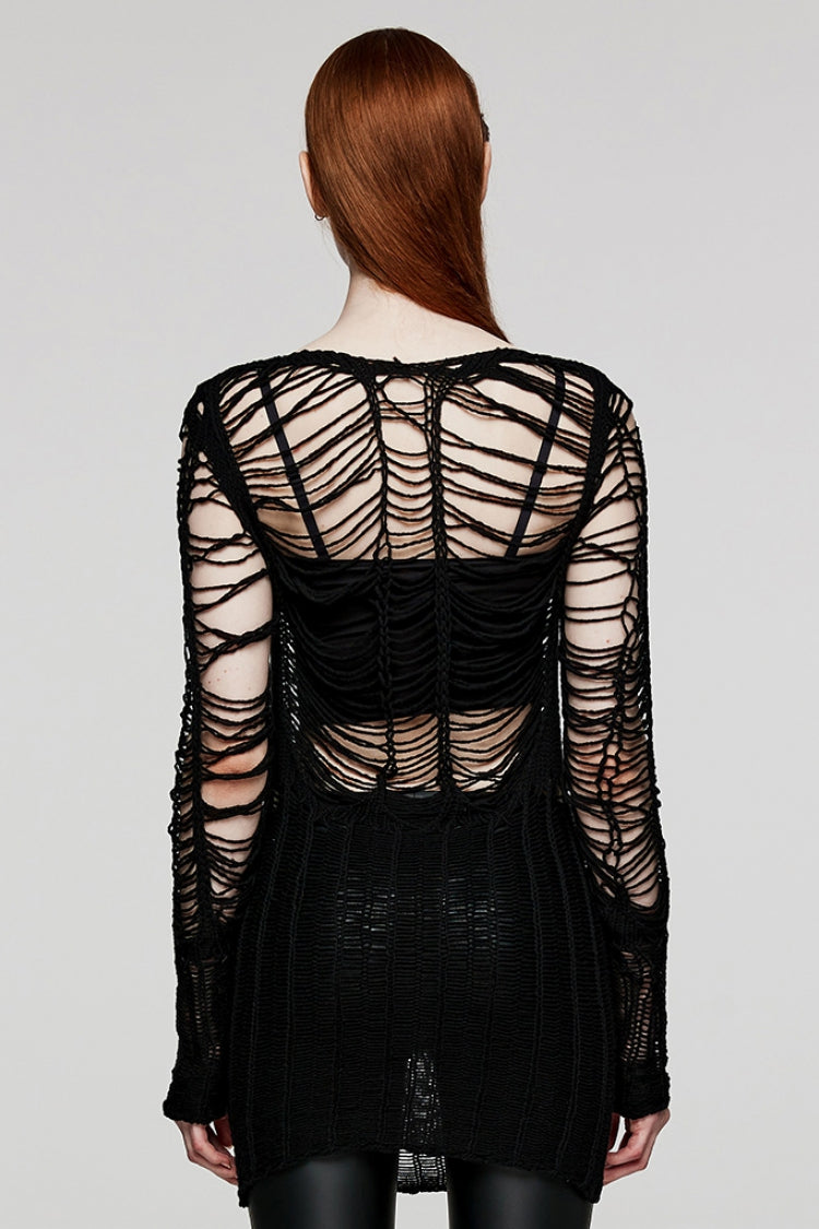 Black Long Sleeves Hollow Sheer Ripped Women's Steampunk Long Sweater - Product - 3