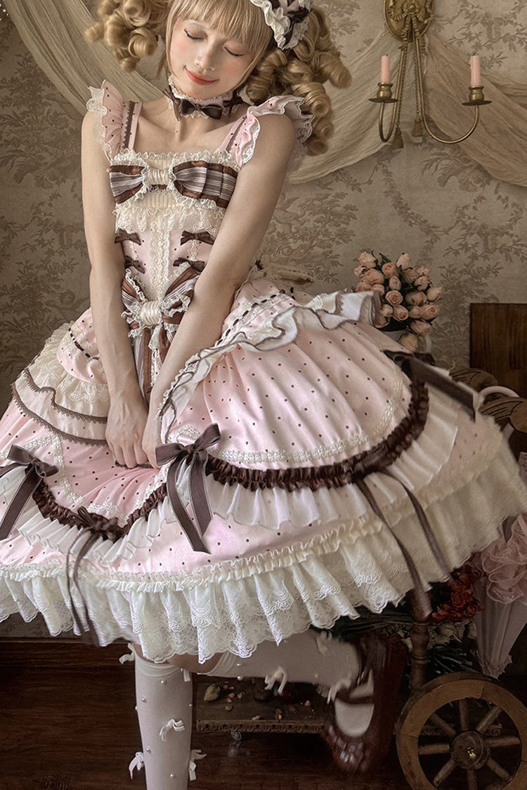 Pink [Shengqiao Tata] Sleeveless Print Ruffle Bowknot Lace-Up Sweet Elegant Lolita Jsk Dress - Product - 16