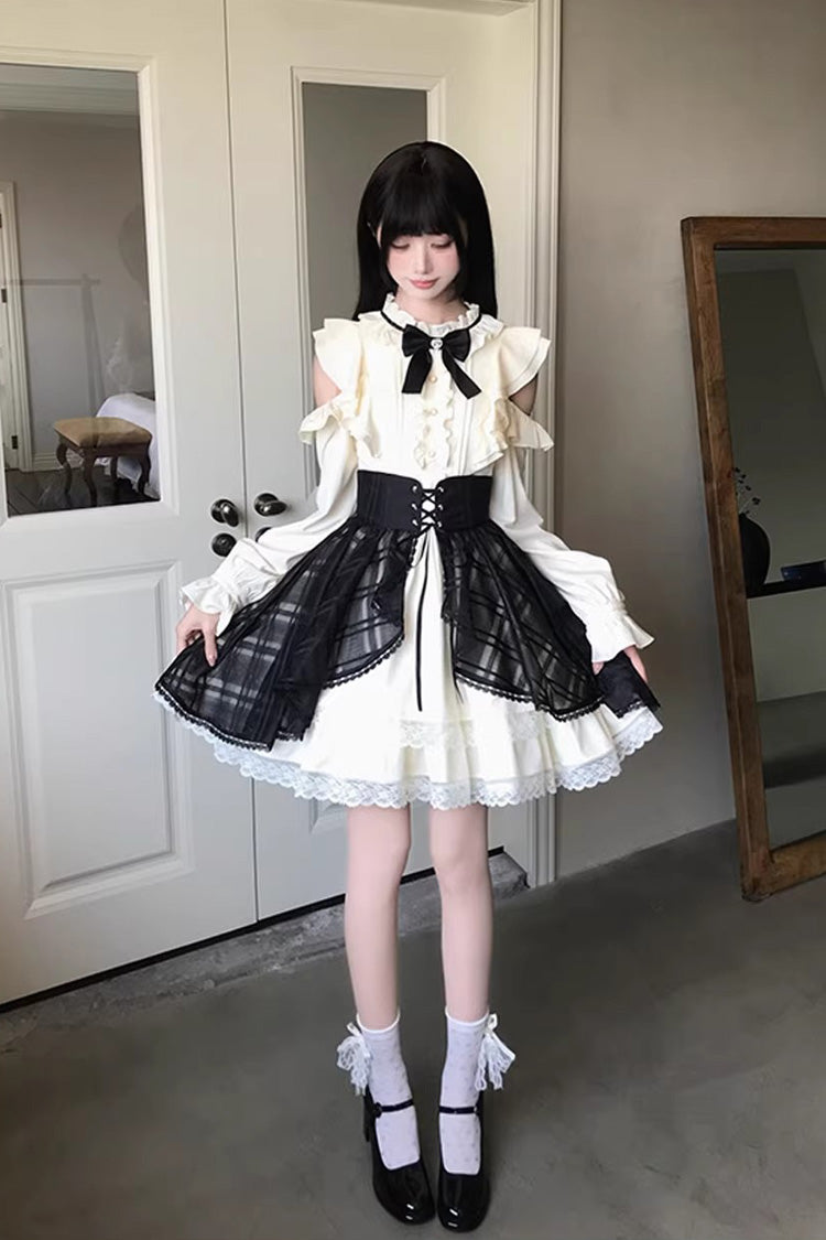 Black/Beige [Dark Chocolate Champagne] Stand Collar Off Shoulder Long Sleeves Double-Layered Ruffled Sweet Japanese Lolita Dress - Product - 8
