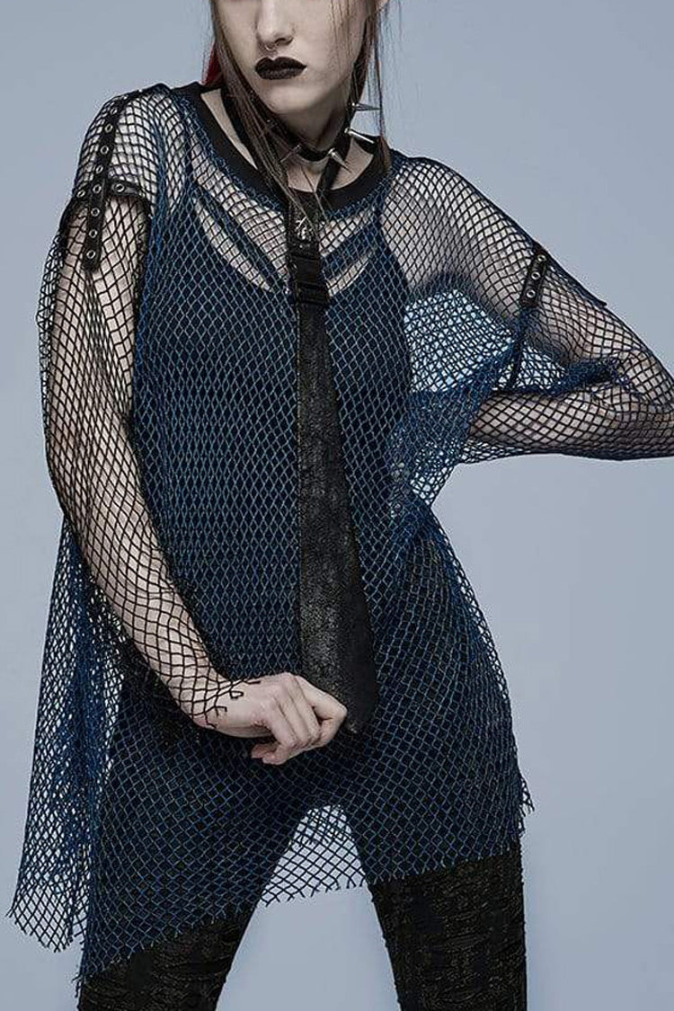 Blue Punk Daily No Elasticity Mesh Buttonhole Decoration Perspective Women's T-Shirt - Blue - 1
