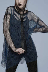 Blue Punk Daily No Elasticity Mesh Buttonhole Decoration Perspective Women's T-Shirt - Blue - 1