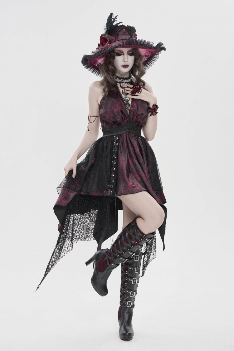 Black/Red Off Shoulder Sleeveless Multi-Layered Printed Lace Irregular Tassels Women's Gothic Dress - Product - 6