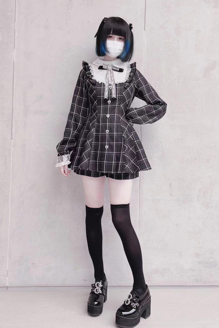 Black/White [Heart-beating Limited] Long Sleeves Plaid Print Print Bowknot Lace Gothic Jirai Kei Dress Set - Product - 9