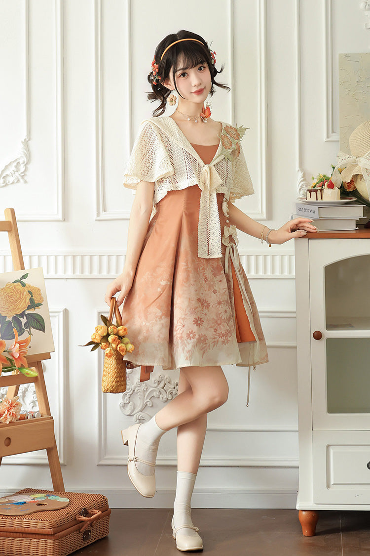 Orange Square Collar Sleeveless Chrysanthemum Printed Bow Lace-Up Asymmetric Sweet Chinese Inspired Lolita Jsk Dress Set - Product - 8