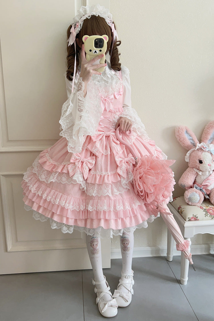 Pink Multi-Layered Ruffle Bowknot Stitching Lace Sweet Lolita Jsk Dress - Product - 4