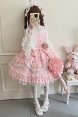 Pink Multi-Layered Ruffle Bowknot Stitching Lace Sweet Lolita Jsk Dress - Product - 4