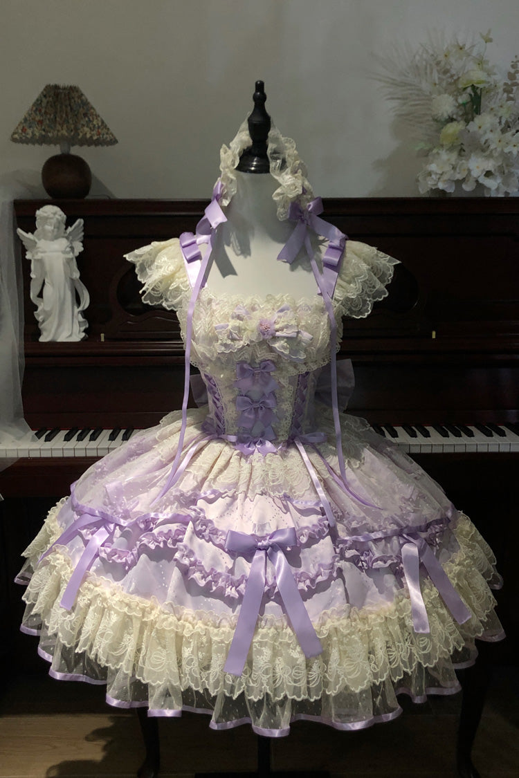 Purple [Dreaming Butterfly] Multi-Layered Jacquard Ruffle Bowknot Lace Sweet Princess Lolita Jsk Dress - Product - 5